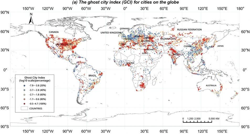 Global distribution of the Ghost City Index, retaining the original color legend, geographic coordinates, and scale